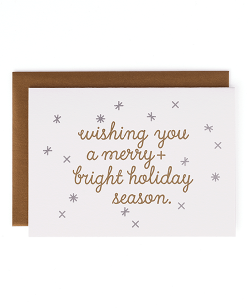 "Wishing you a merry + bright holiday season." Mayday Press greeting card.