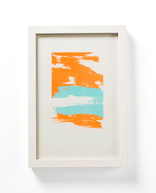 Blue + orange paint stroke painting by Mayday Press. White frame.