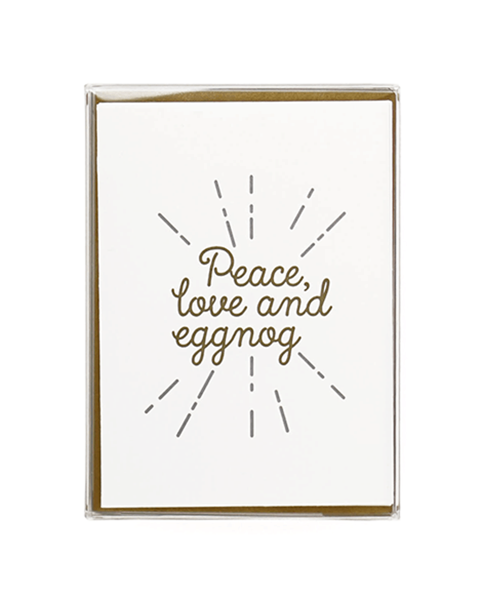 "Peace, love and eggnog." Greeting card set by Mayday Press